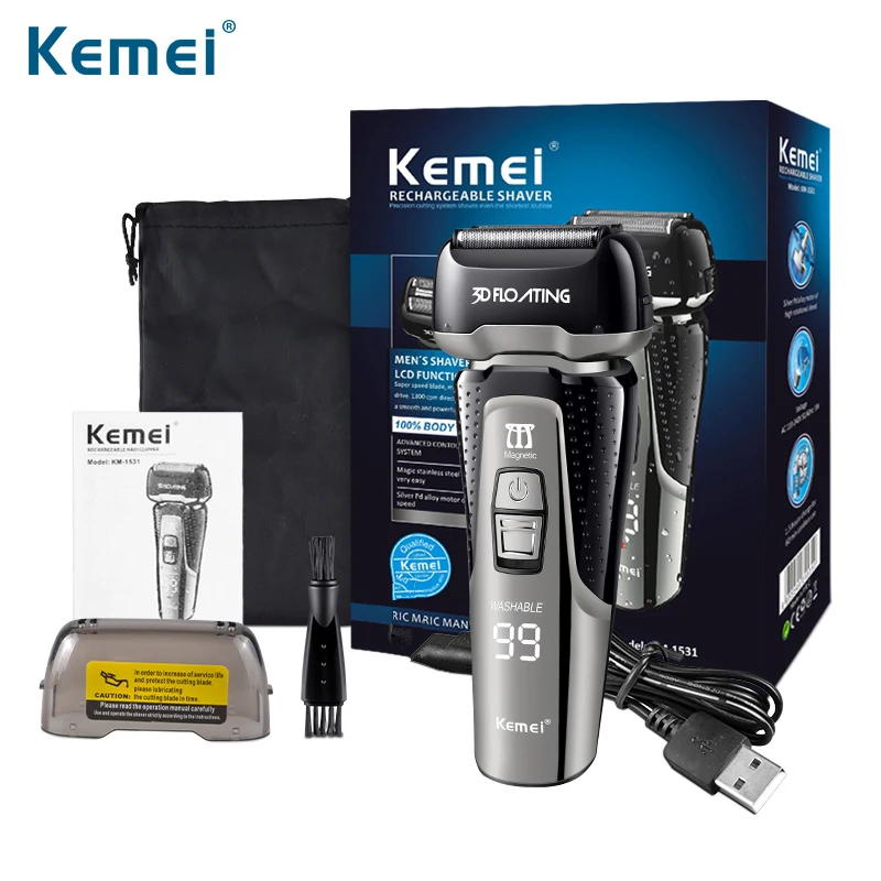 Kemei, 3 лезвия, электробритва, мужской перезаряжаемый триммер для бороды, светодиодный дисплей, бритва, быстрая зарядка, водонепроницаемый станок для бритья 42D