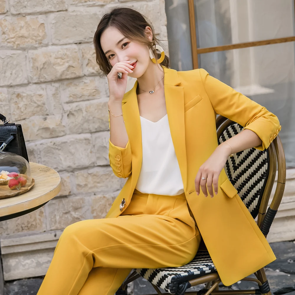 Women's Yellow Suit Jacket Formal Suit Jacket One Button Pocket Jacket