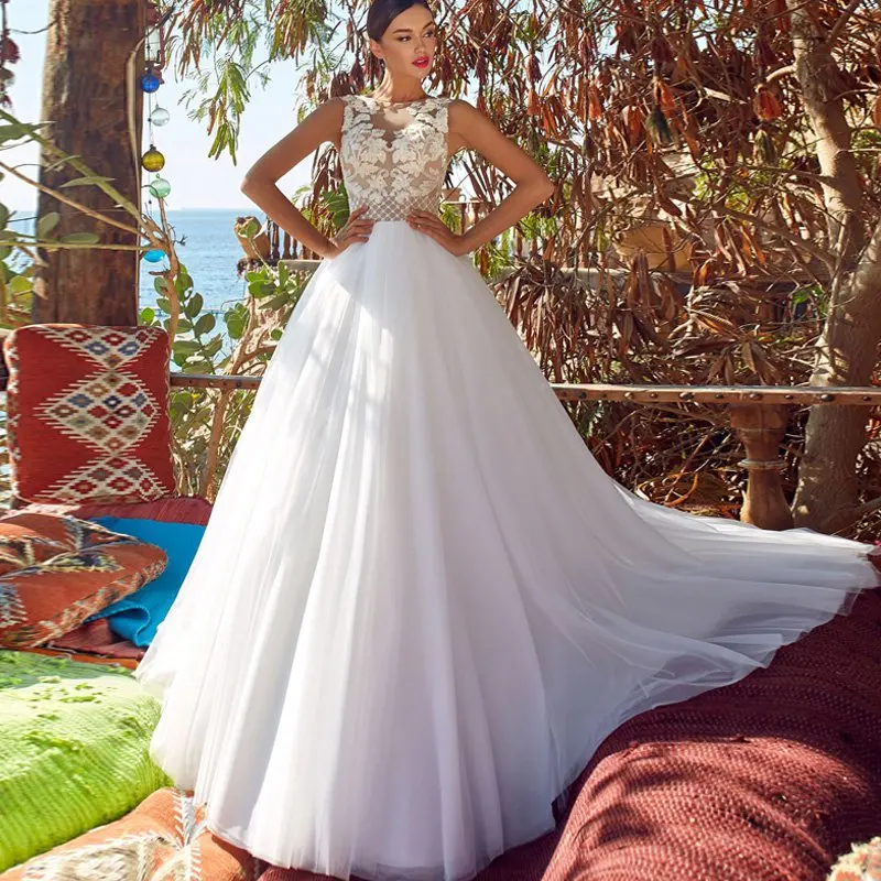 Прозрачная кожа цвет тюль шеи Vestido De Novia Bohemio пуговицы сзади линия гелинлик вышивка кружева винтажное свадебное платье