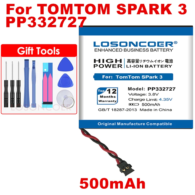 

LOSONCOER 500mAh PP332727 WT-TTS3 Replacement Batteries For TomTom Spark 3 Smart Watch Smartwatch Battery