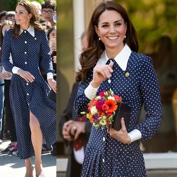 

The Duke and Duchess of Cambridge Same 19 Autumn Women's Lapel Long-Sleeved Contrast Polka Dot ding kou Long Pleated Dress