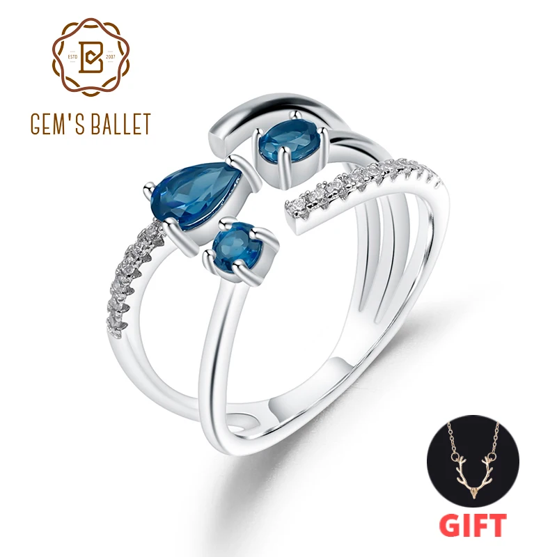 GEM'S BALLET, 0.83Ct, натуральный Лондон, голубой топаз, камень по месяцу рождения, кольцо, 925 пробы, серебро, регулируемое, Открытое кольцо для женщин, ювелирное изделие