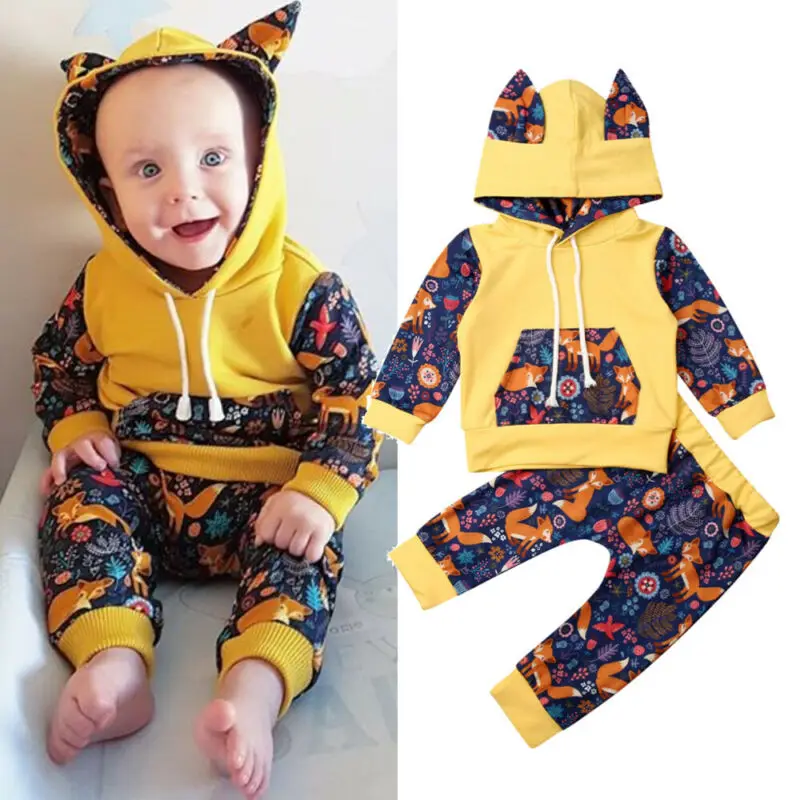 0-24M Winter Baby Boy Girl Clothes Hooded Fox Tops+Long Pants 2PCS Autumn Newborn Toddler Infant Outfits | Детская одежда и обувь