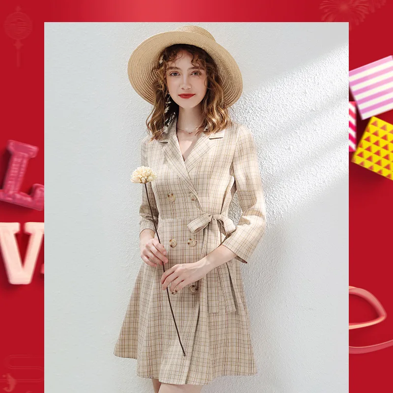 

Women's Plaid Dress 2020 Spring New Women's Double-Breasted Splicing Plaid A-line Dress Slim Retro Dress