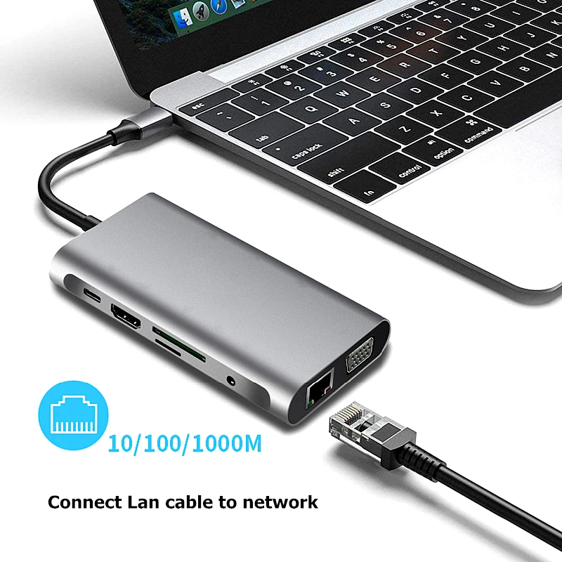 Устройство для чтения карт памяти Trumsoon Type C к RJ45 Gigabit Ethernet HDMI VGA SD TF Кабель USB 3 0 Aux