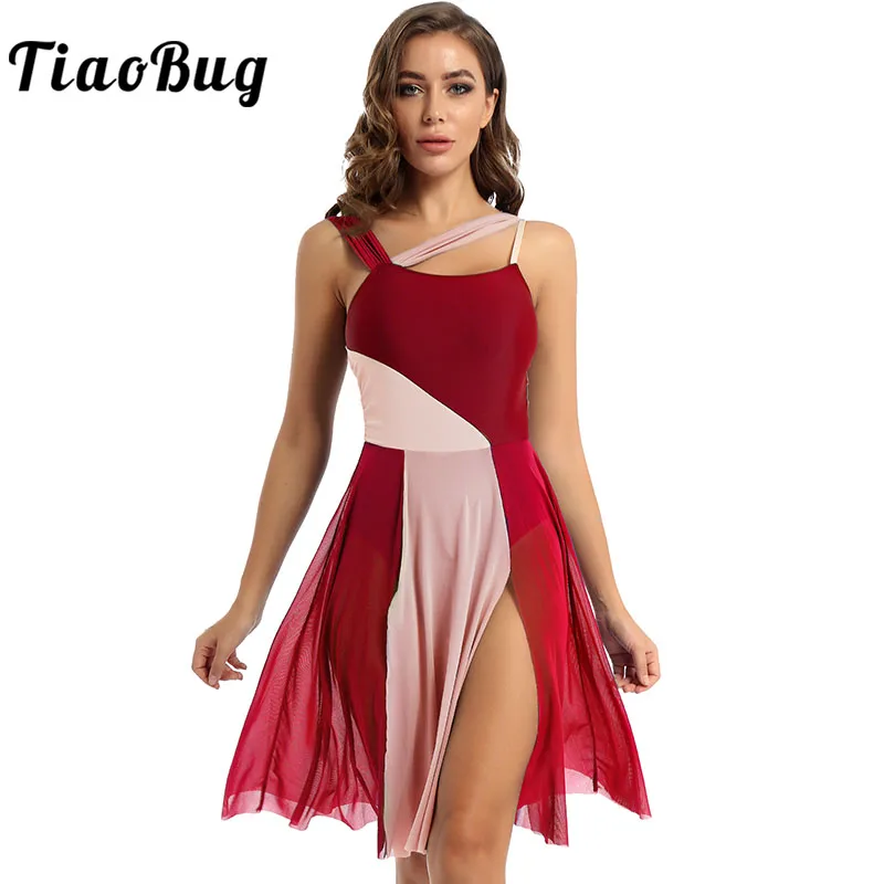 Women Dance Dress Sleeveless Color Block Ballet Modern Contemporary Lyrical Asymmetrical Chiffon Mesh Splice Leotards