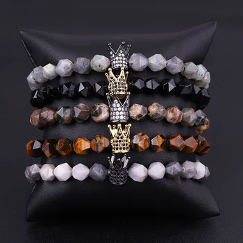 Men Women Jewelry Bracelet Natural Stone CZ Pave Brass Crown Charm Beaded Woven Adjustable Bracelet Men Ladies