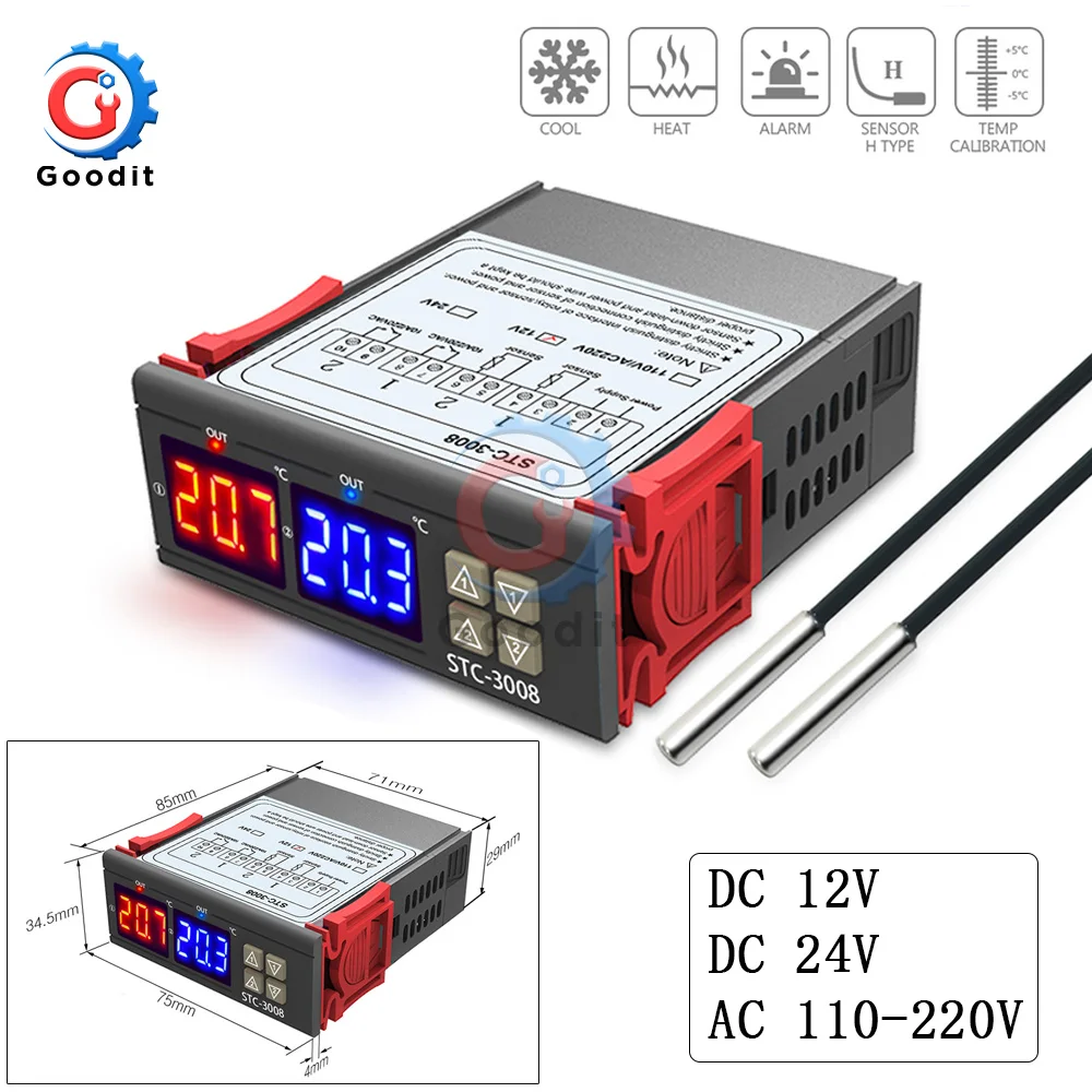 STC 3008 DC 12V 24V AC 220V 10A двойной цифровой регулятор температуры Термостат