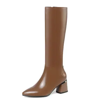 

Women Winter Boots Genuine Leather Zipper Knee High Boots Fashion Round Toe Square Heel Long Boots Black