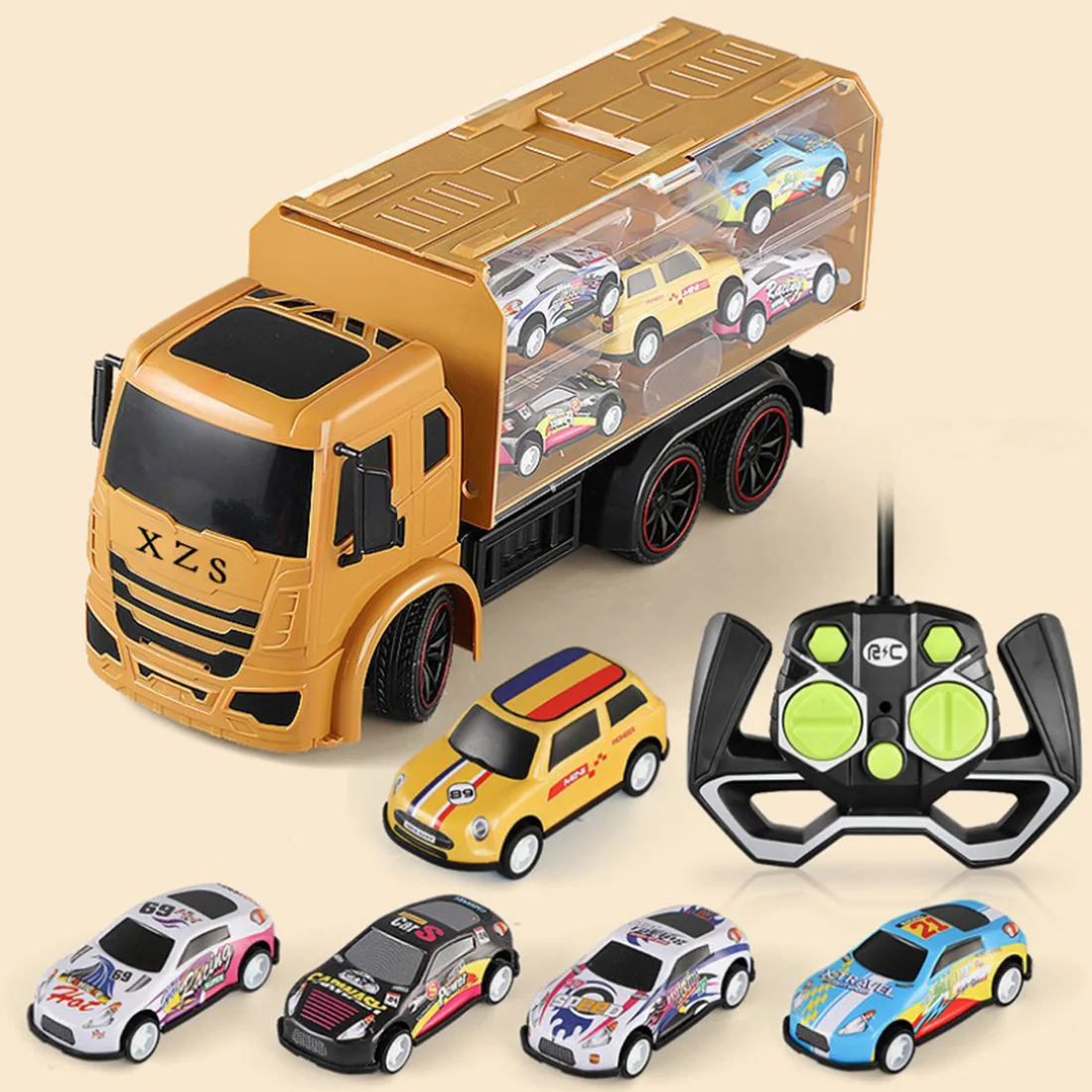 

5CH Remote Control Storage Truck Rechargeable Container Truck with Light 5 Small Cars Birthday Gift Toy - Yellow/Blue