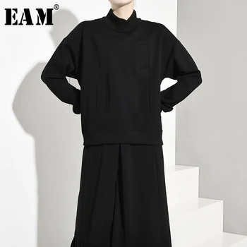 

[EAM] Loose Fit Black Split Joint Sweatshirt New High Collar Long Sleeve Women Big Size Fashion Tide Spring Autumn 2020 JQ0190