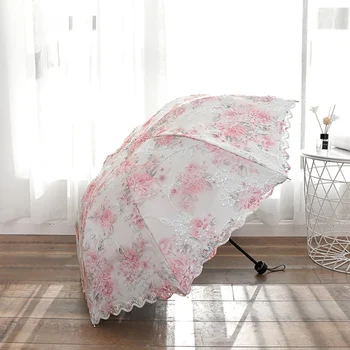 

2020 Double Lace Umbrella Embroidery Umbrella Tri-Fold Sun-proof Vinyl Umbrellas Sunny And Rainy Umbrella