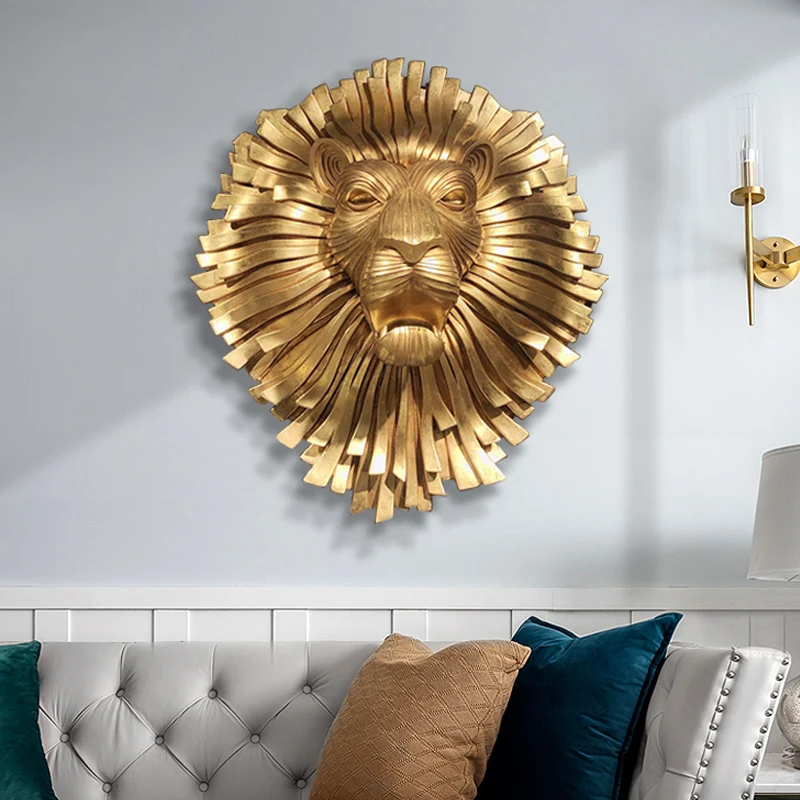 

Home Statue Decoration Accessories 63x56cm Vintage Gold Lion Head Abstract Sculpture Room Wall Lion Resin Animal Head Statues
