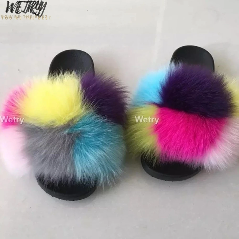 fox fur slides Женские летние тапочки; шлепанцы на плоской подошве с лисьим мехом; пляжные шлепанцы с натуральным мехом; шлепанцы пляжные сандалии; женские Плюшевые Пушистые шлепанцы - Цвет: fox fur slides