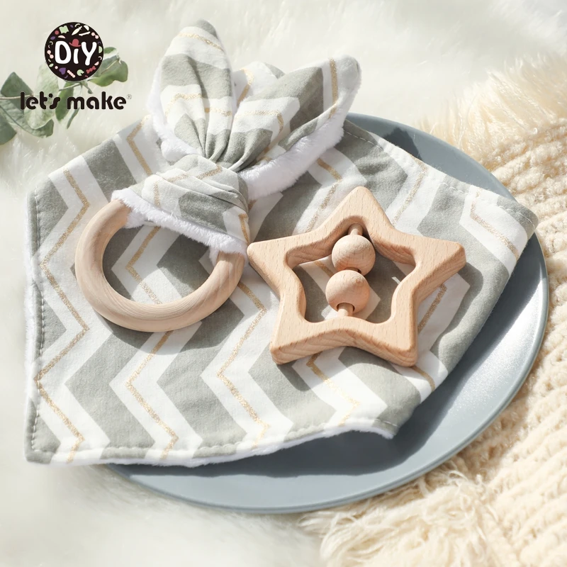 Let's Make Baby Bibs Drool Feeding 3pcs/set Cotton Bunny Ear Wooden Rattles For Newborns Baby Stuff For Newborns Educational Toy