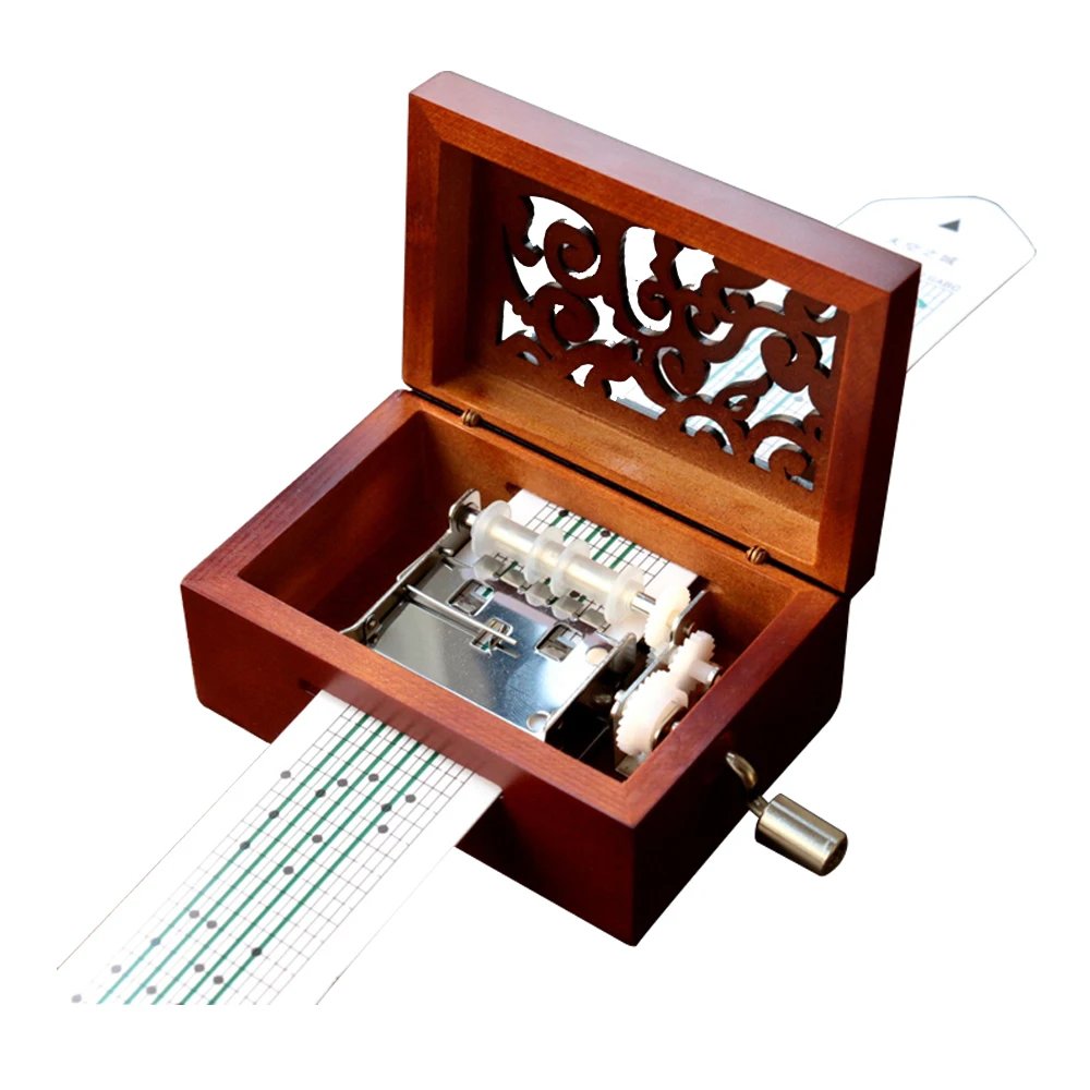 Vintage Carved Wood 15 Note 30 Note Mechanism with 30 Paper Stripes Musical Box Handcrank Music Box Gift Christmas Gift