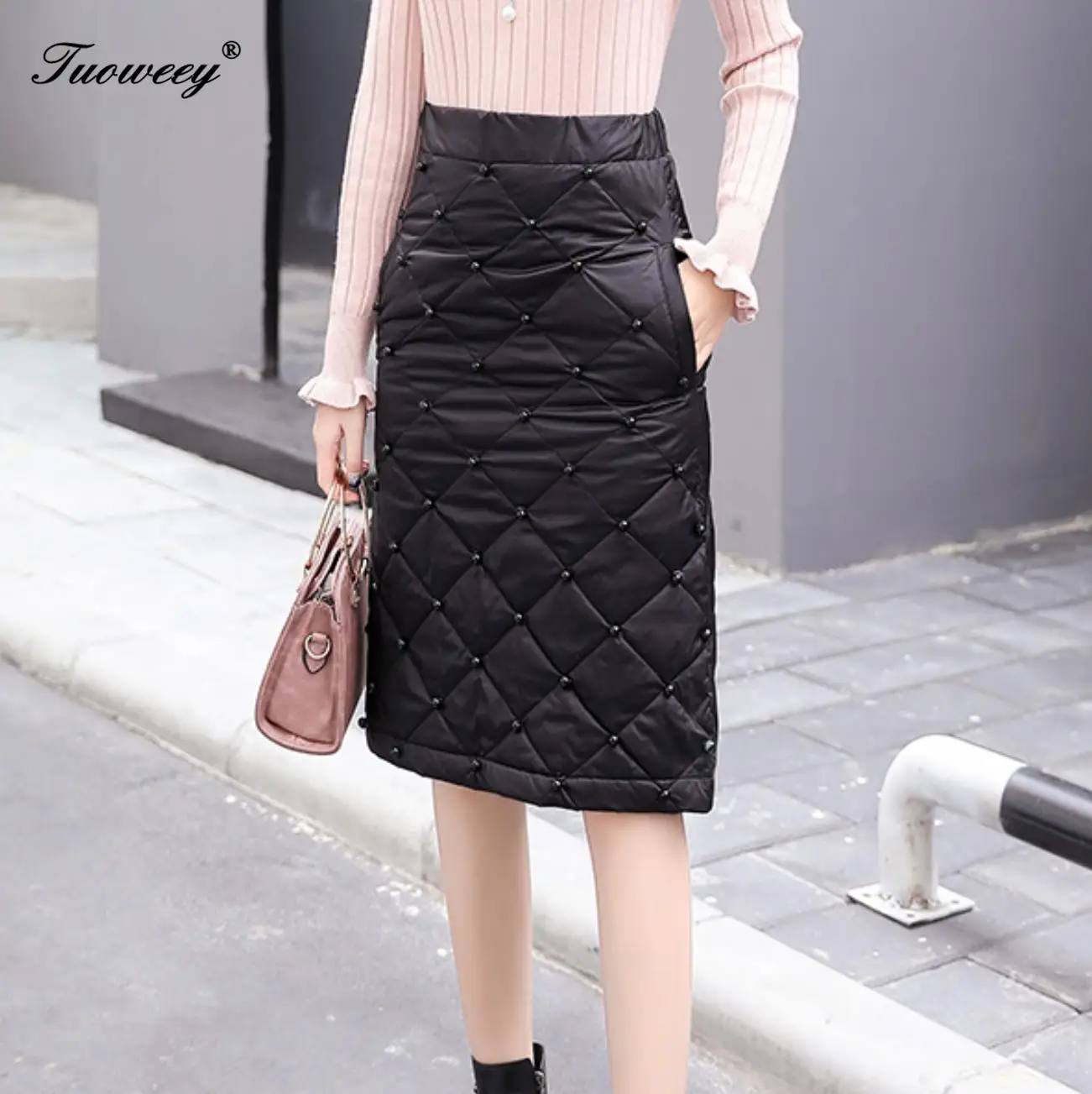 2XL,, хлопковая юбка для женщин, зимняя, размера плюс, с бисером, на молнии, тонкая юбка, длинная, толстая, теплая, длина до колена, женские юбки, элегантные