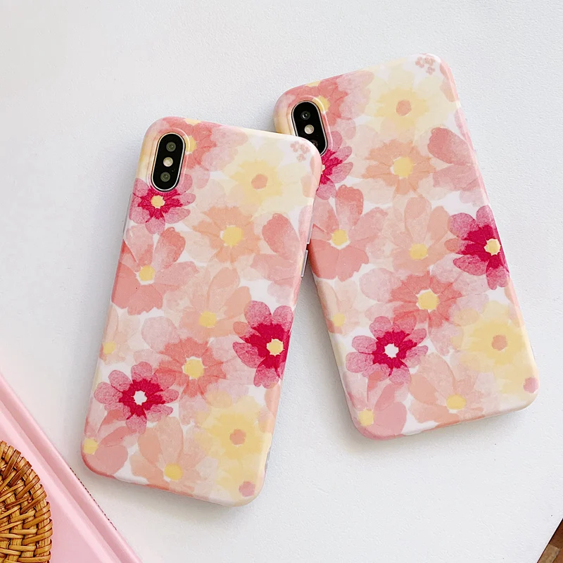 

XBXcase Pink Watercolor Daisy Flower Case for iPhone X XR XS Max for iPhone 7 8 6 6S Plus Vintage TPU Phone Case Soft Back Cover