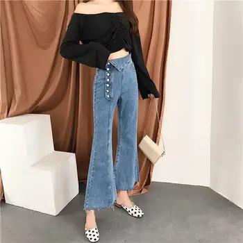 

Women Single Breasted Flare Jeans Korean Style Simple Pockets High Waist Denim Pants Solid Slim Trousers
