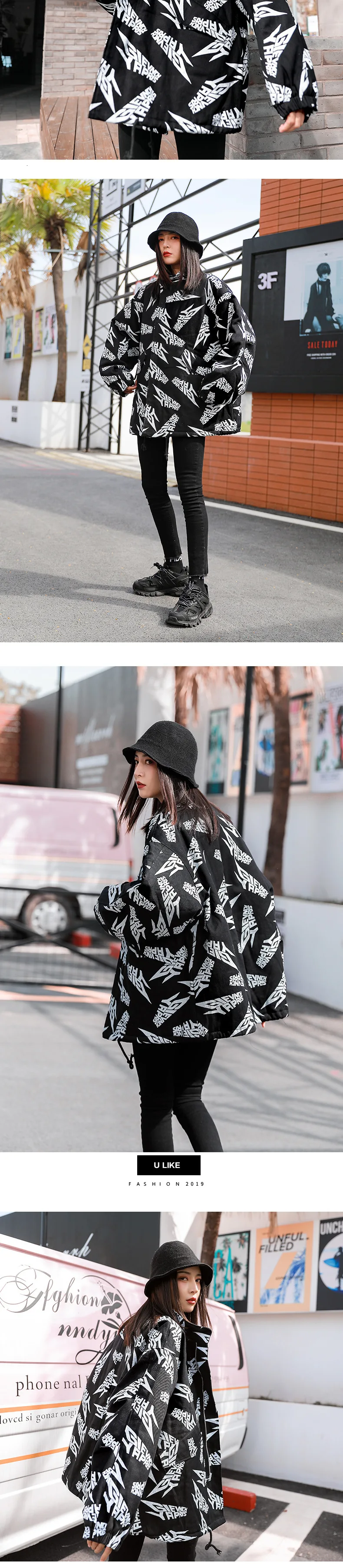 Vefadisa Letter Print Denim Coat Woman Winter Thick Denim Coat Black Zippers Stand Collar Loose Coat Hip-hop QYF1380