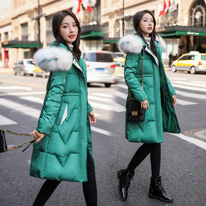 Kpop Женская одежда, женская зимняя парка, длинное черное пальто, модная пуховая хлопковая одежда, теплые хлопковые пальто, популярные женские пальто MK295 - Цвет: Зеленый