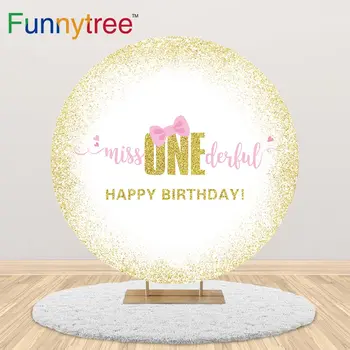 

Funyytree 1st Birthday One Year Round Backdrop Cover Golden Glitter Sand Pink Bow Girl Party Circle Banner Background Tablecloth