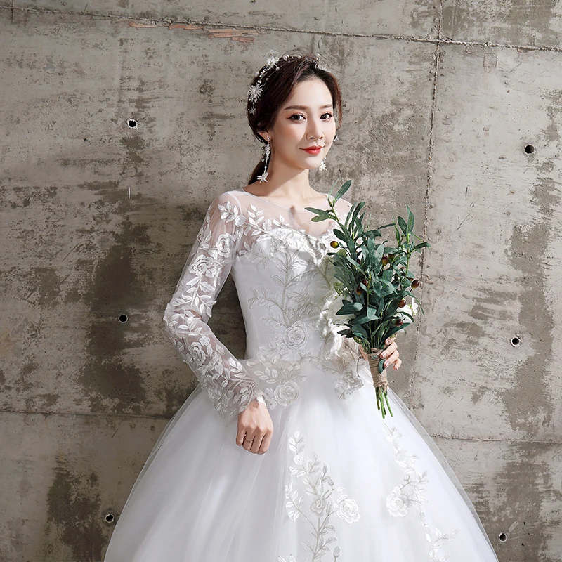 New Summer Korean Light wedding dress Vestidos De Novia off white bride O-neck dream princess simple Long Sleeve Lace appliques dresses for wedding