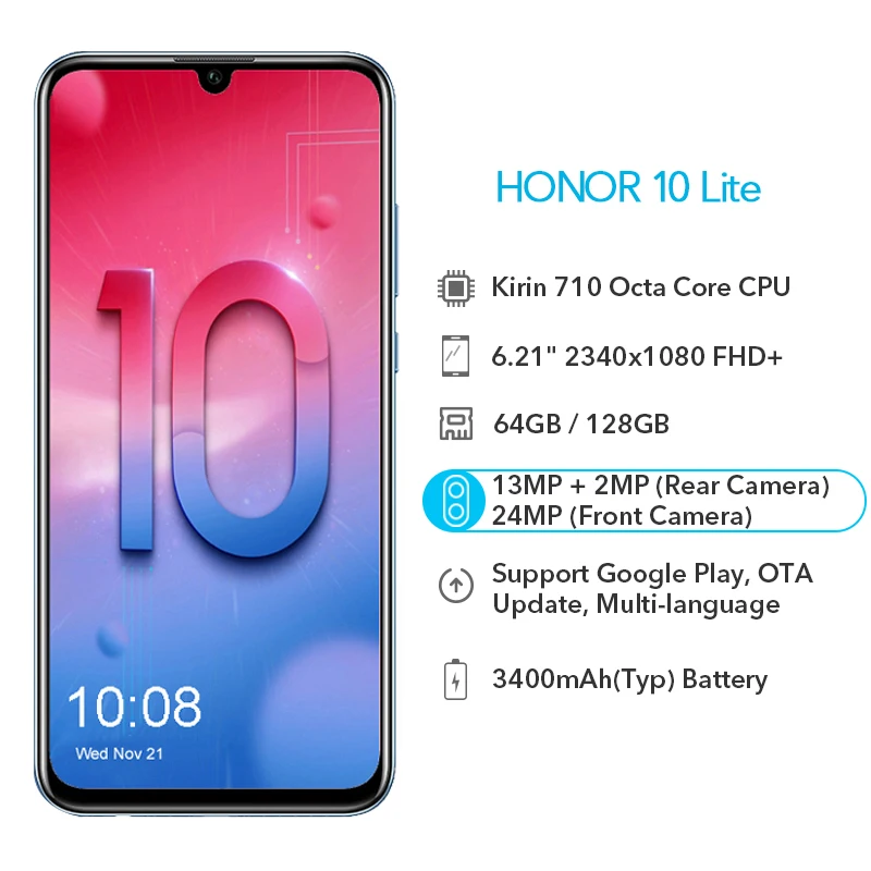Глобальная ROM Honor 10 Lite 4 Гб 64 6 21 &quot19 5: 9 полный экран Kirin 710 Восьмиядерный 24MP AI камера
