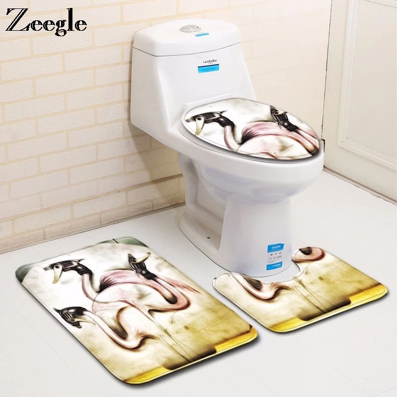 Zeegle Toilet Set Anti Slip Bathrom Doormat Shower Mat Toilet Pedestal Rug Flannel Soft Foot Mat Absorbent 3pcs Bath Mat Set