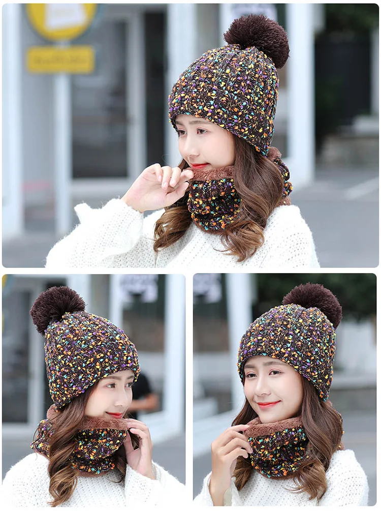 Fashion Winter Hat Scarf Set For Women Girl Warm Beanies Cap Lady Ring Scarf Pompoms Winter Hats Knitted Caps Scarf 2 Pieces