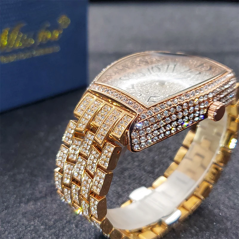 MISSFOX Ceas de aur pentru bărbați, ceasuri hip-hop bling bling tonneau cu cuarț pentru bărbați mari, impermeabil, ceas de mână Millerable_voghion.com