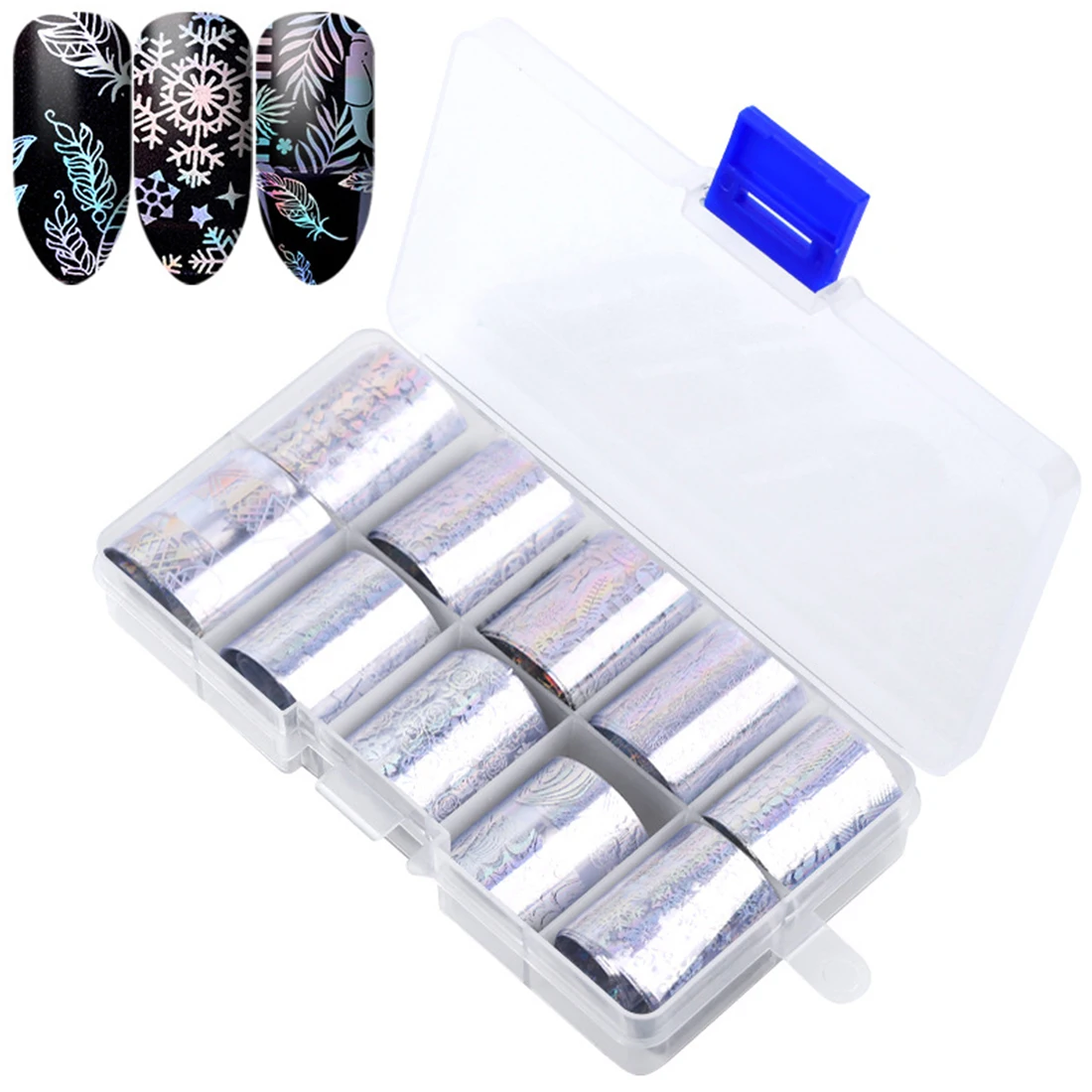 10Pcs Holographic Nail Foil Set Transparent AB Color Transfer Sticker Decorations Mix Designs Manicure Nail Art Decals