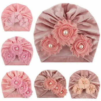 

New Fashion Kid Baby Sunflower Pearls Head Wrap Cute Cap Autumn Winter keep Warm Hat For Infant Boys Girls