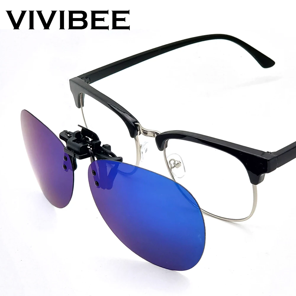 

Rimless Round Flip up Clip on Oversized Men Polarized Clip Sunglasses Aviation Blue Mirror Big Driving Prescription Glasses
