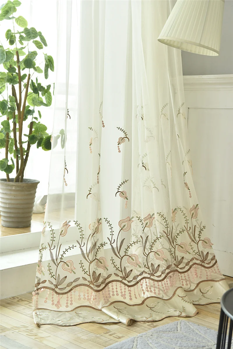 Flower Embroidery Sheer Tulle for Living Room Beaded Pattern Window Drapes for Balcony Plant Glass Yarn for Bedroom X-WP437#2