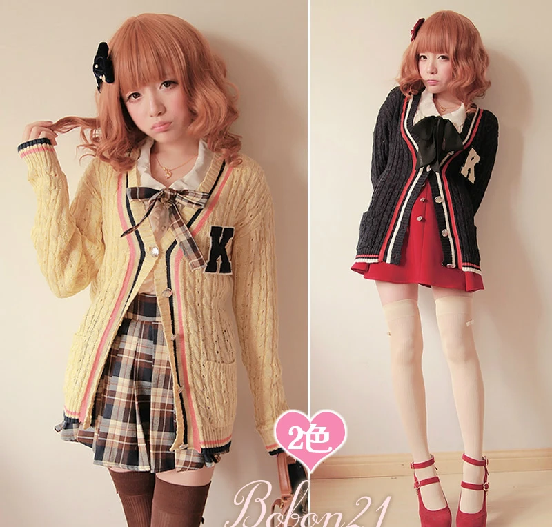 Best Price Princess sweet lolita sweater Bobon21 spring new arrival preppy style small k twist knitted stripe cardigan letter medal t0988