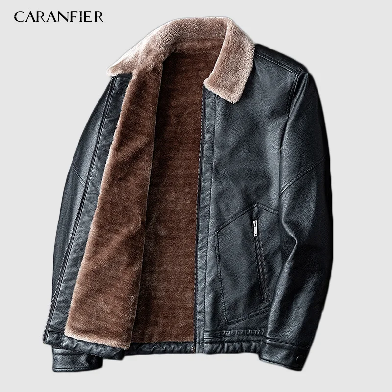 

CARANFIER Men Leather Jacket Male Autumn Winter Motorcycle Retro Pocket Thermal Collar Velvet Top Coats Leather Biker Jackets