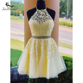 

Prom/Homecoming Dresses A-Line/Princess Halter Sleeveless Yellow Tulle with Beading/Appliques/Sahses
