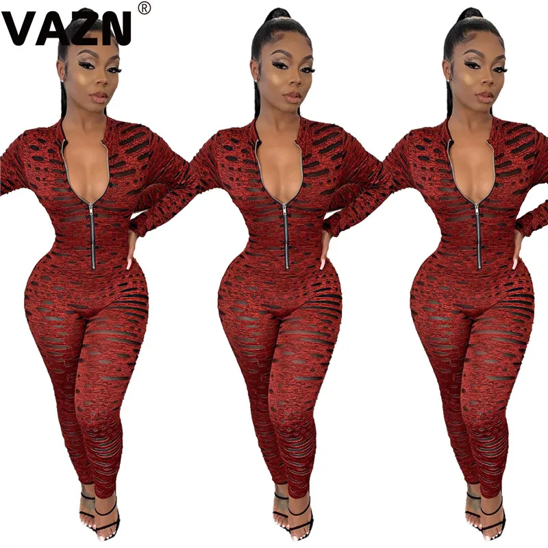 Бургундия VAZN SHH8073 Autumn 3 Color New Mature Age Sexy Club Fashion Zipper Full Sleeve Women Elastic Skinny Long Pencil Jumpsuits - Цвет: Бургундия