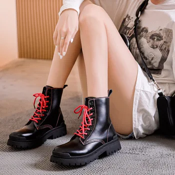 

Leather Thick-soled Motorcycle Boots Women 2020 Autumn Winter New Cowhide Casual Knight Boots Color Matching Short Boots trendy