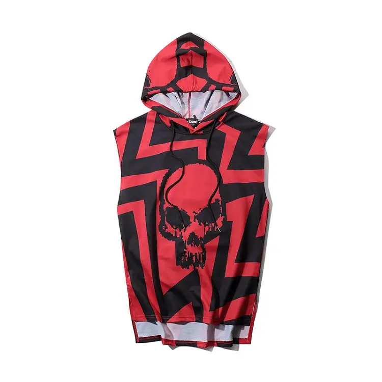 Tank Tops Men Summer Hip Hop Hooded Sleeveless Skull Print Color Block Punk Style Vest Casual Streetwear Male Tees