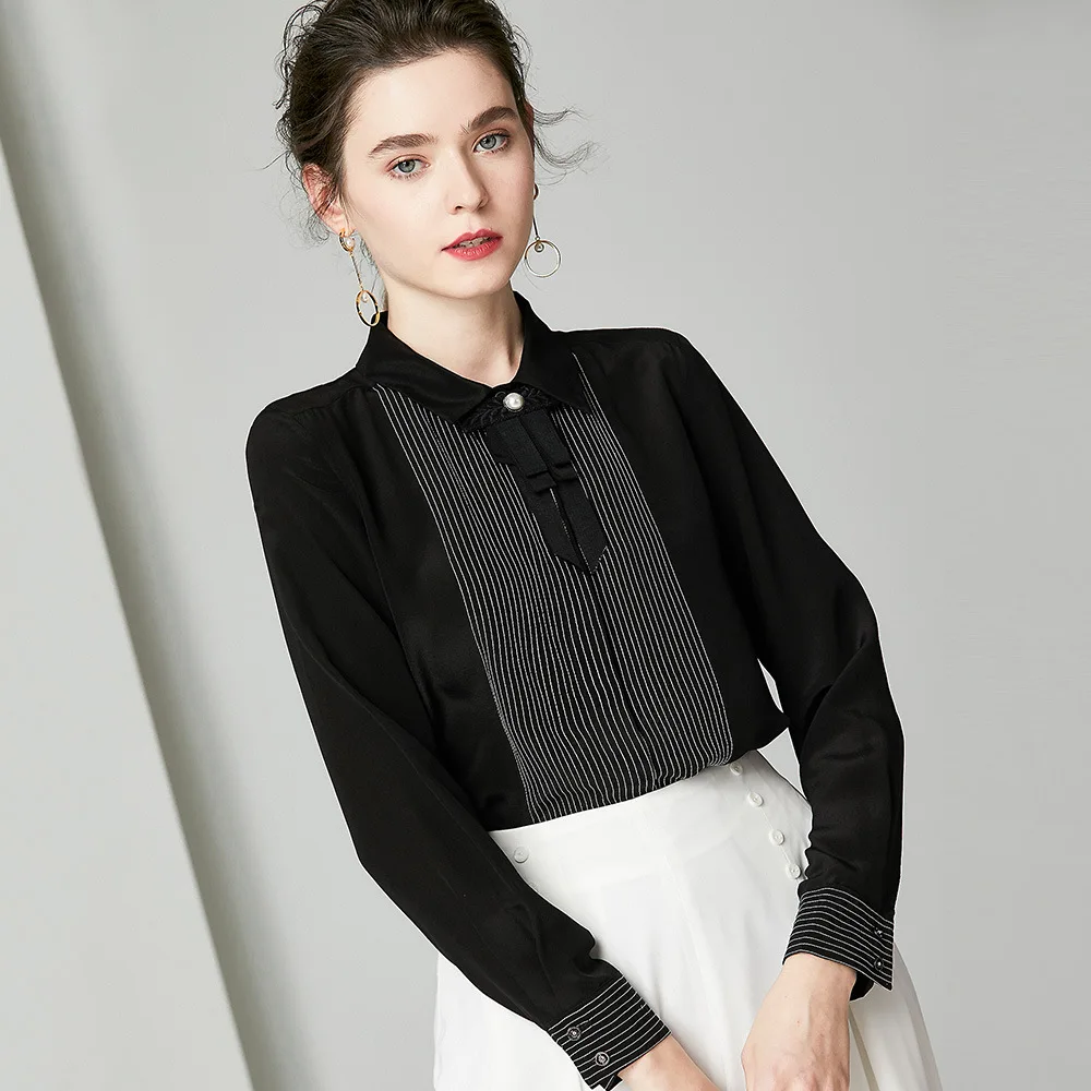 100% шелковые блузки галстук бабочка белая рубашка Осенние женские топы с длинными