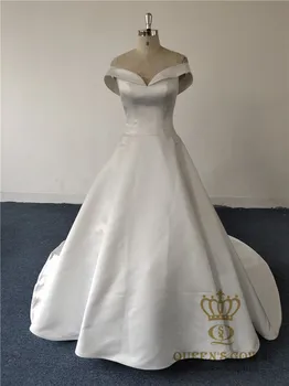

off-shoulder satin simple styles Ivory custom made Wedding Dresses