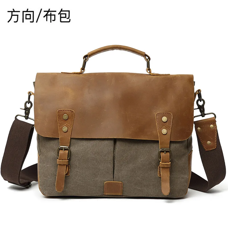 Army Green Мужская сумка через плечо, Холщовая Сумка, сумка для ноутбука, повседневный портфель, Ретро кожа, мужская сумка - Цвет: Army Green