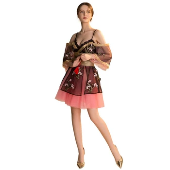 

Sexy Japanese kimono low-cut mesh gauze skirt heavy industry performance small dress romantic sweet party night dress skirt