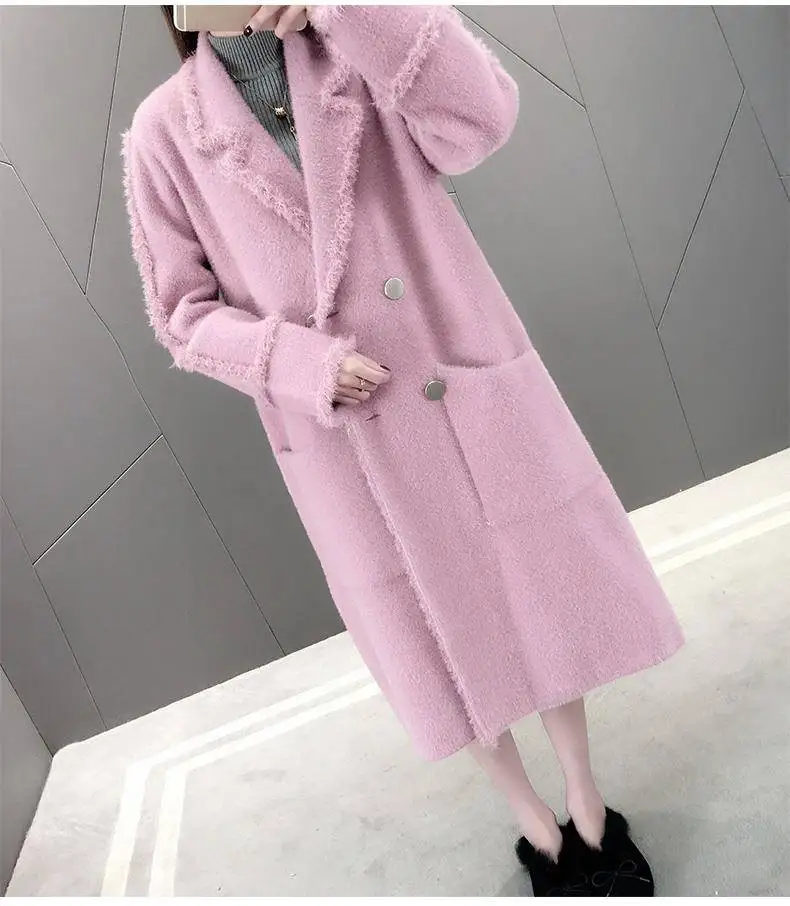 spring and autumn imitation water velvet thick woolen coat female long section new loose over the knee coat