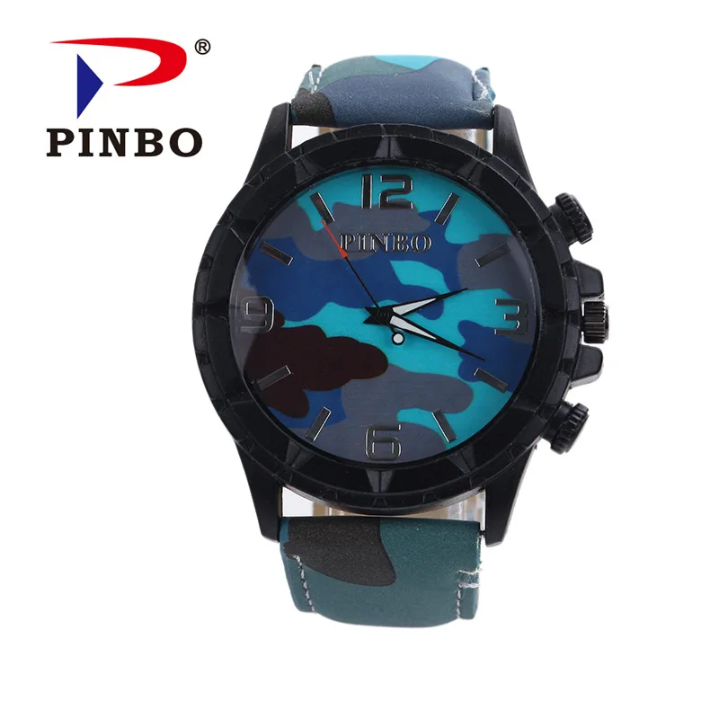 

Hot Selling Camouflage Leather Belt Men Sports Watch Large Dial Contrast Color shu zi tiao Ding Measuring Quartz Watch