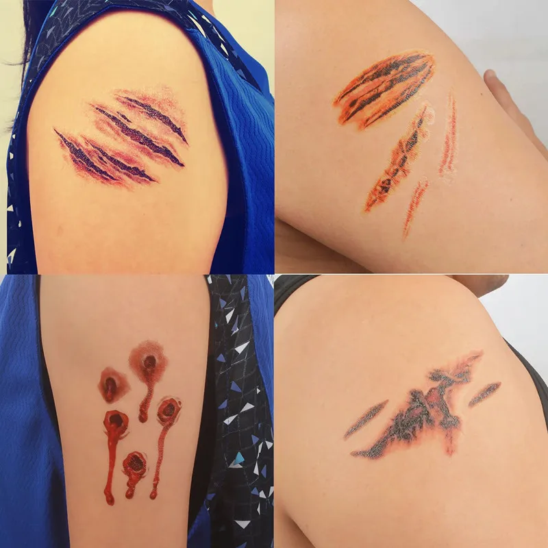 Waterproof Temporary Tattoo Sticker Halloween Terror Wound Realistic Blood Injury Scar Fake Tattoo Sticker Bloody Makeup