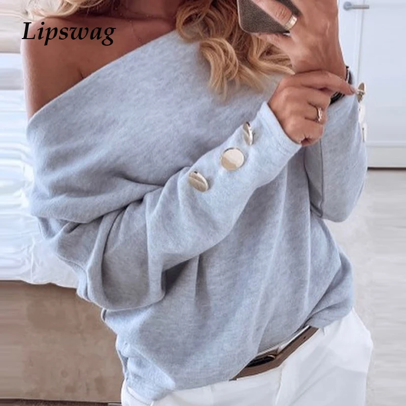 Lipswag Autumn Winter Sexy Off Shoulder Knited Sweater Women Long Sleeve Button Pullover Female Slash Neck Solid Streetwear Tops | Женская