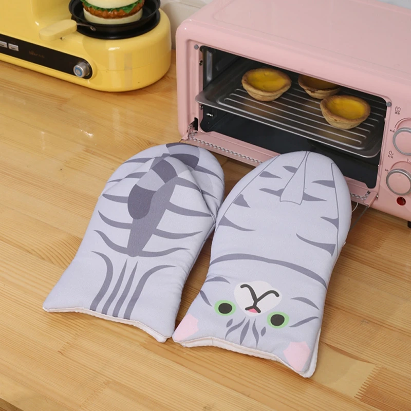 1 Pair Cartoon Animal Cat Paws Oven Mitts Heat Resistant Non-slip Long Microwave Gloves Cotton Kitchen Baking Insulation Gloves
